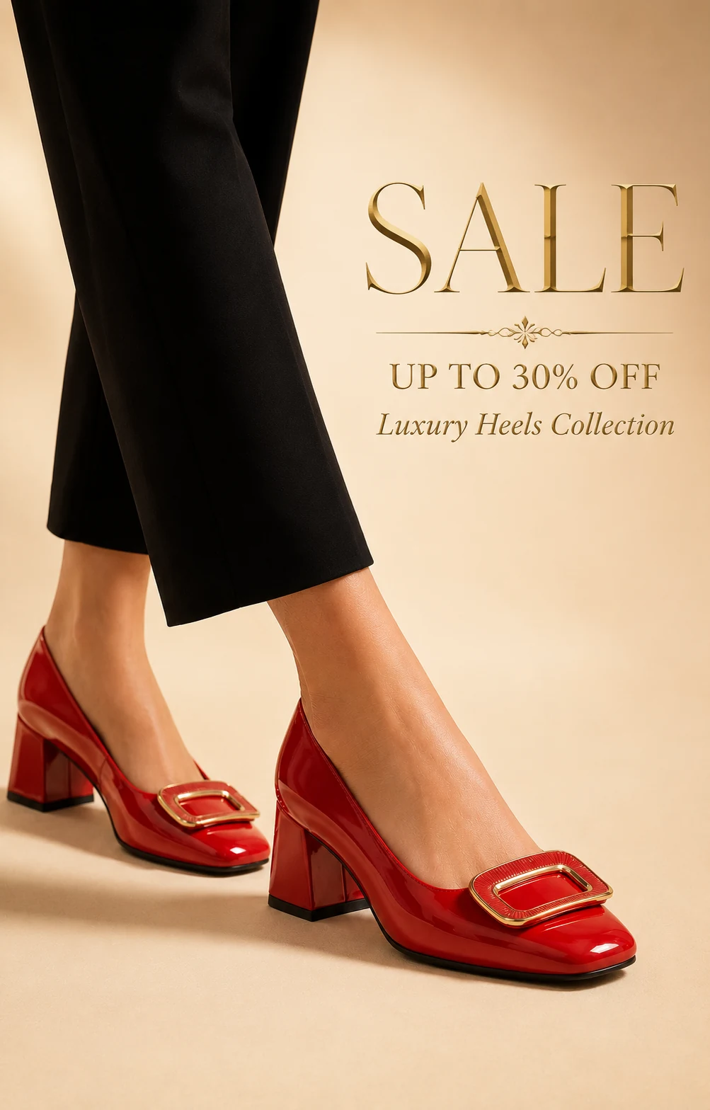 Red patent buckle block-heel pumps
