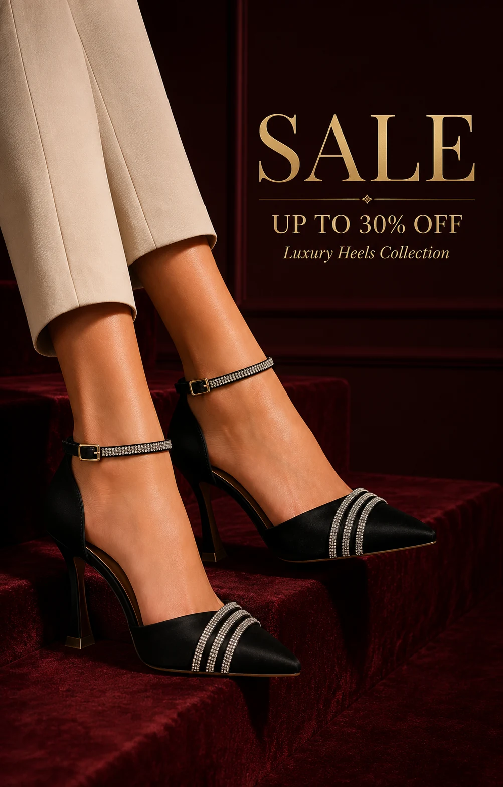 Black ankle-strap heels on burgundy velvet