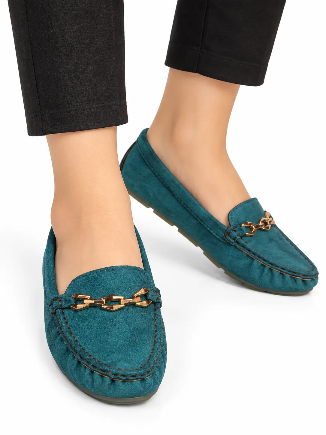 TEAL SUEDE GOLD CHAIN LOAFERS F17