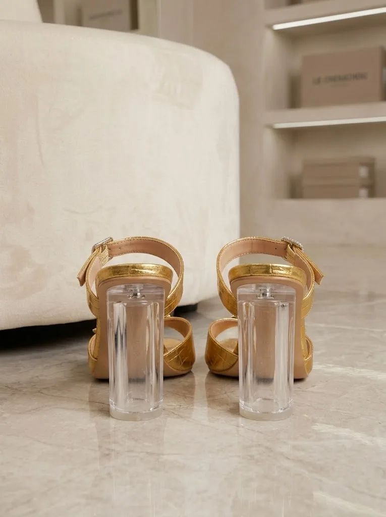 GOLD CROC PRINT CLEAR BLOCK HEEL MULES — photo 1