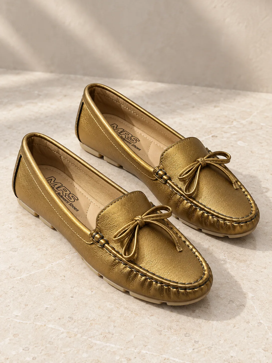 ANTIQUE GOLD BOW LOAFER FLATS
