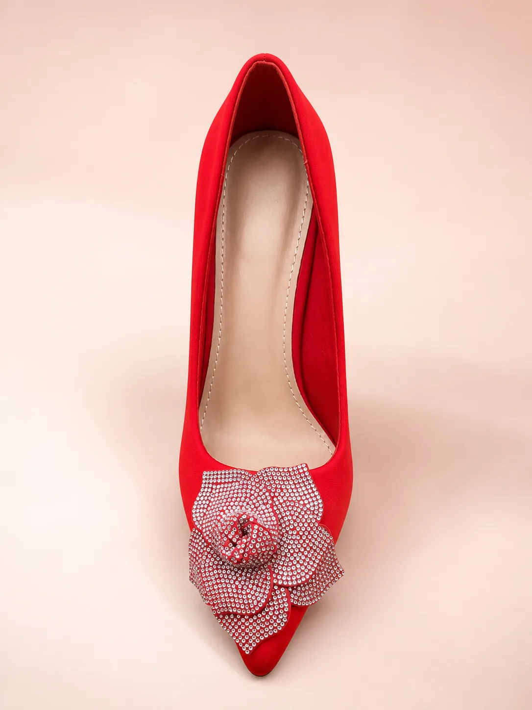 RED SATIN CRYSTAL FLOWER POINTED PUMPS