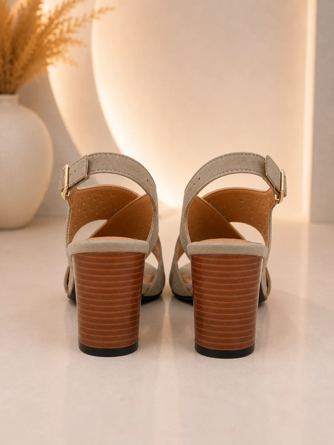 TAUPE PERFORATED CROSSOVER BLOCK HEEL SANDALS — photo 1