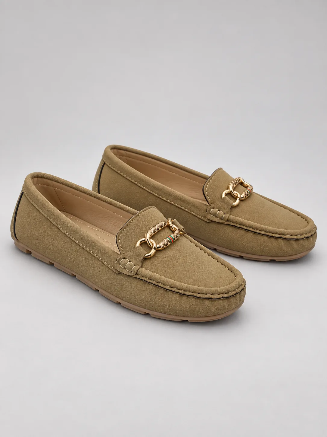 BEIGE GOLD BUCKLE SUEDE LOAFERS PRODUCT527