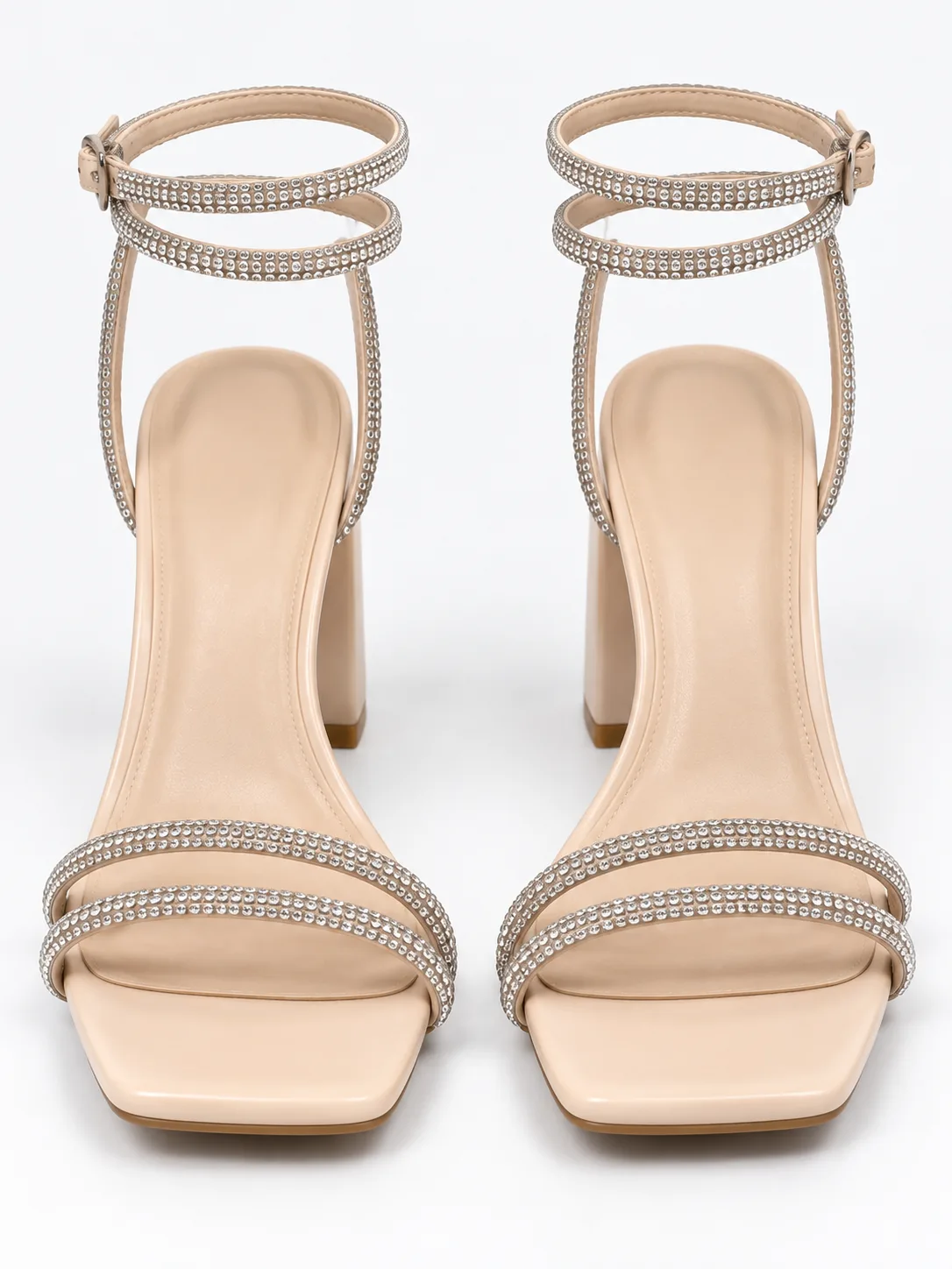 BEIGE RHINESTONE STRAP BLOCK HEEL SANDALS — photo 1