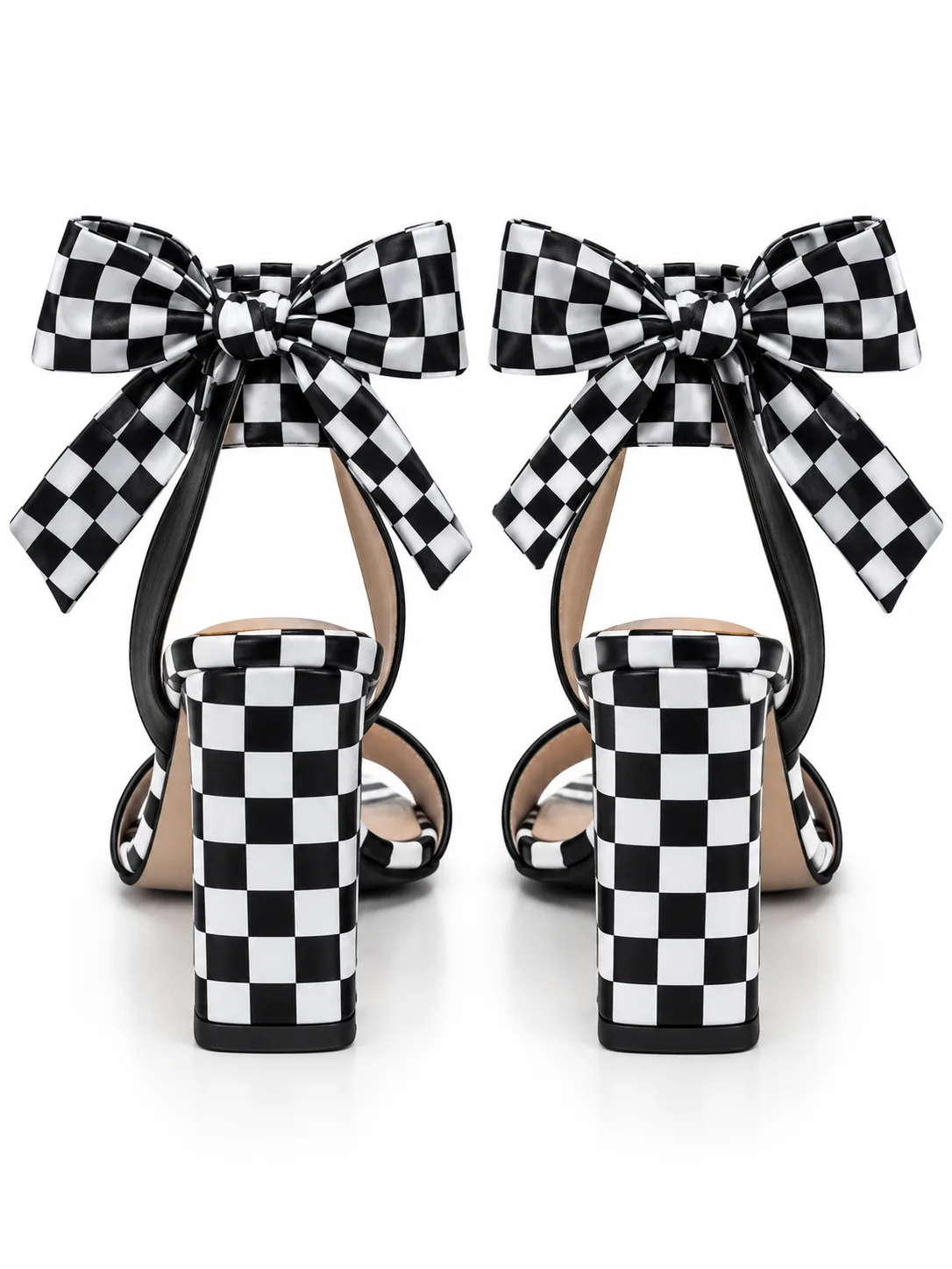 BLACK CHECK PRINT BOW TIE BLOCK HEELS — photo 1