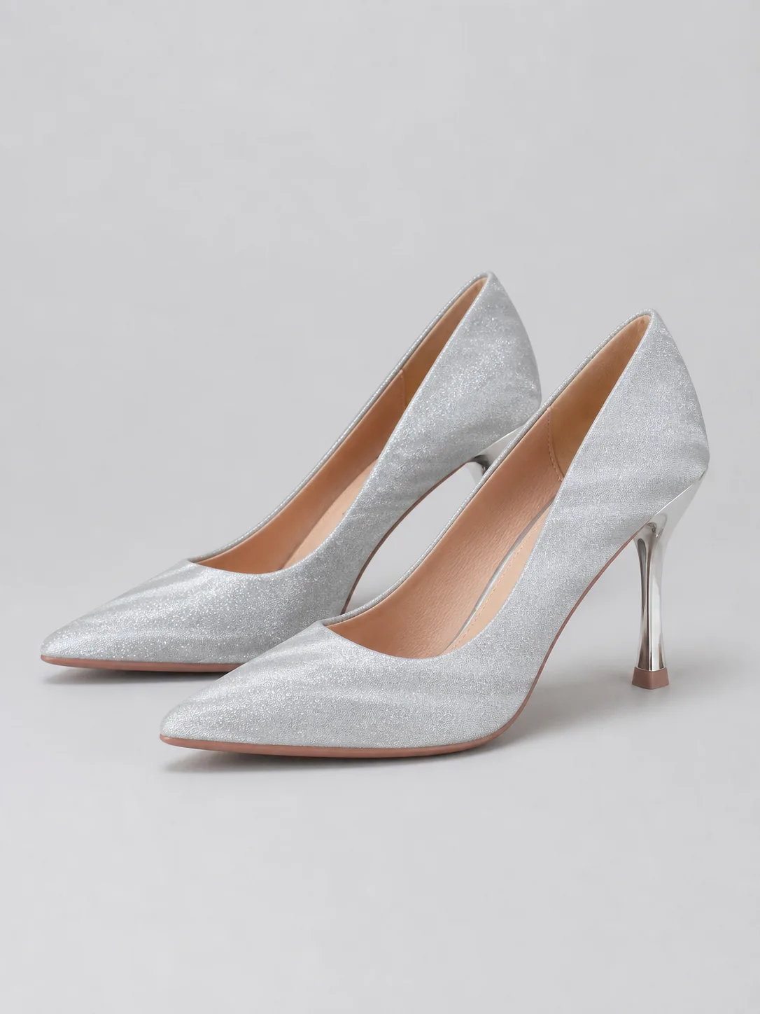 SILVER GLITTER METALLIC HEEL STILETTO PUMPS
