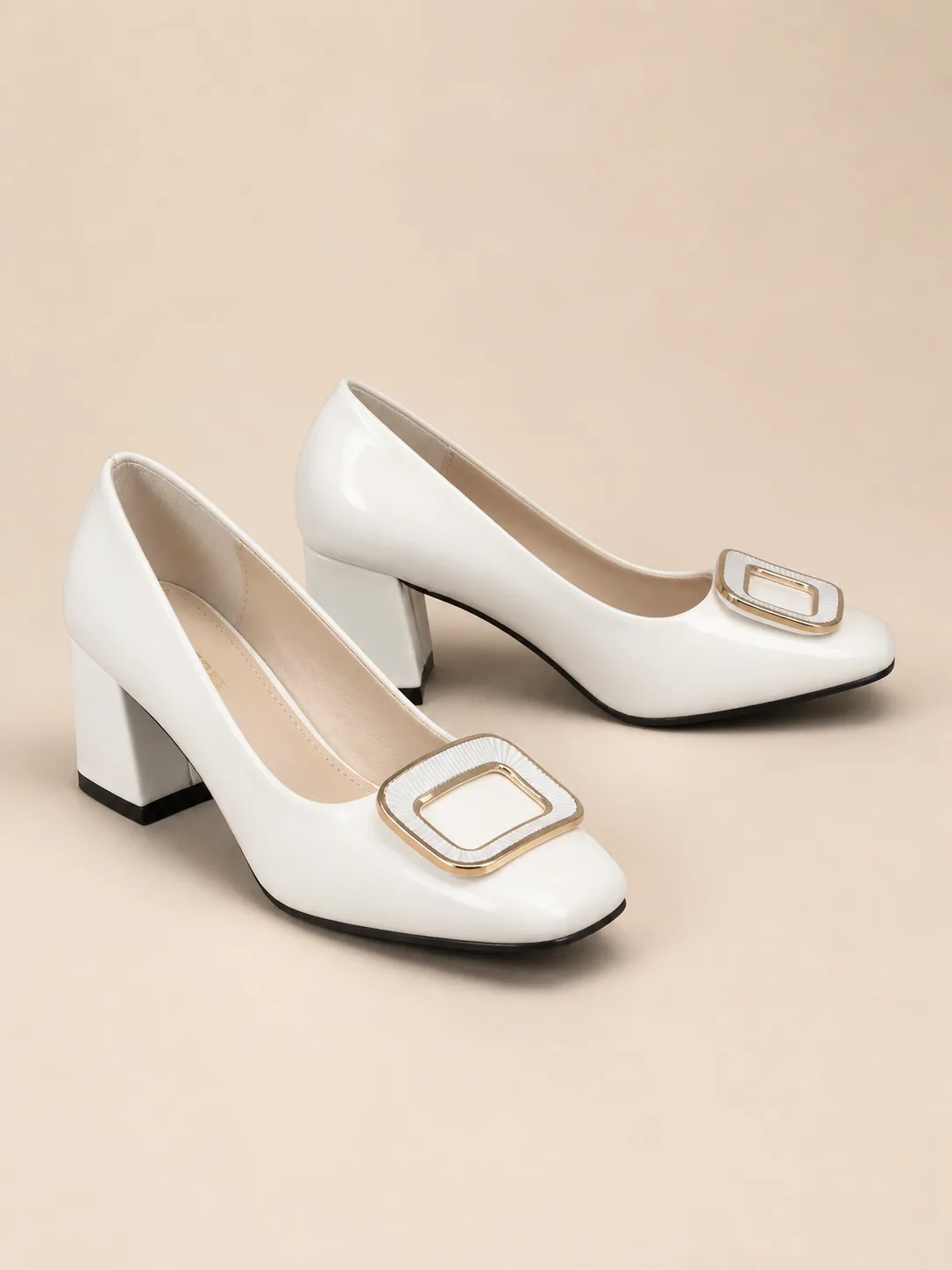 WHITE PATENT GOLD BUCKLE BLOCK PUMPS
