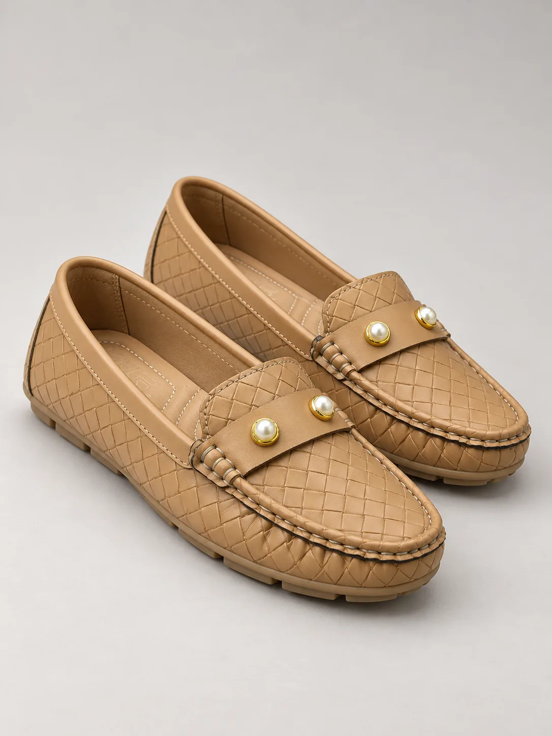 TAN QUILTED PEARL LOAFERS