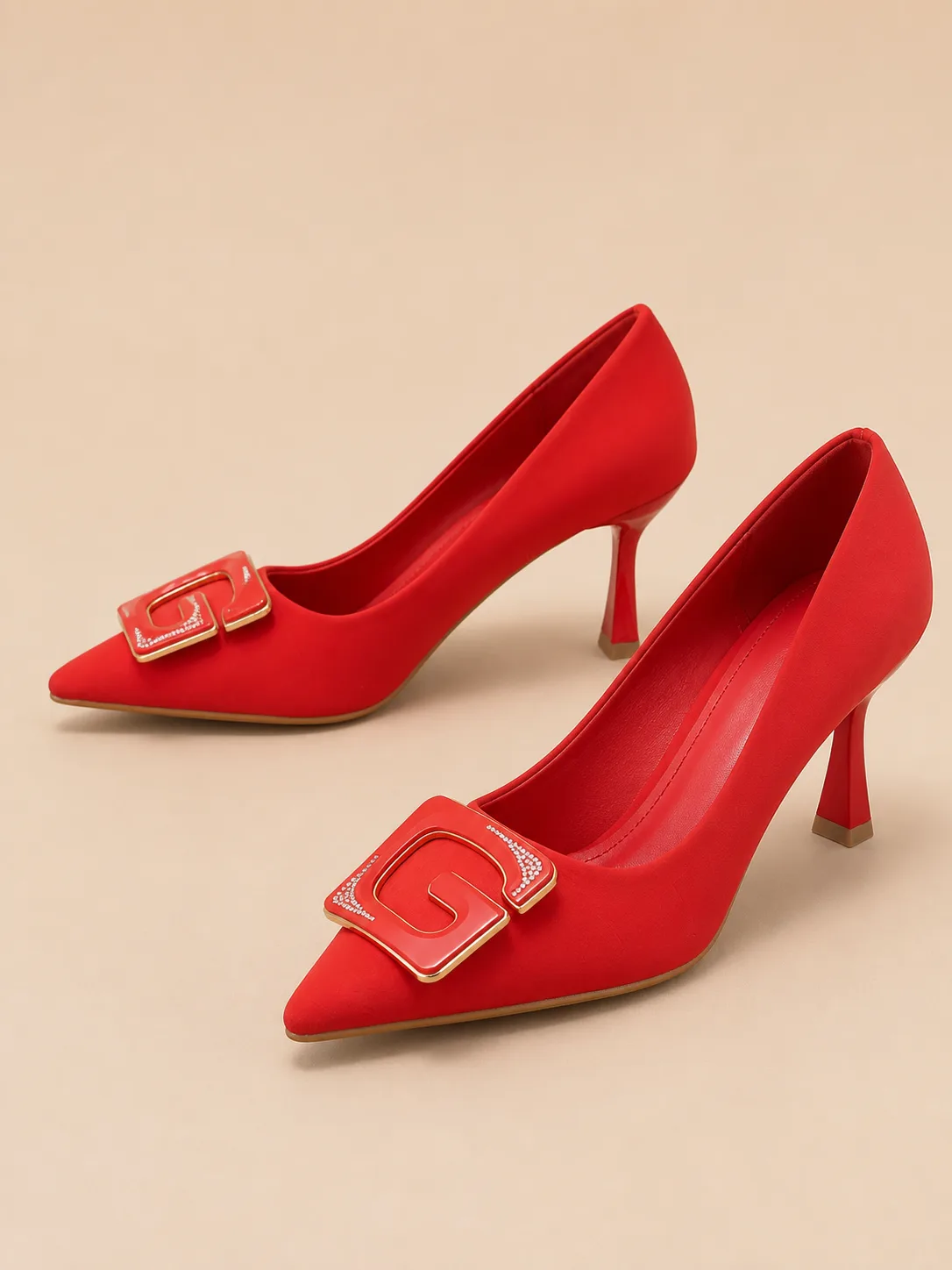 RED SATIN GOLD SQUARE BUCKLE PUMPS