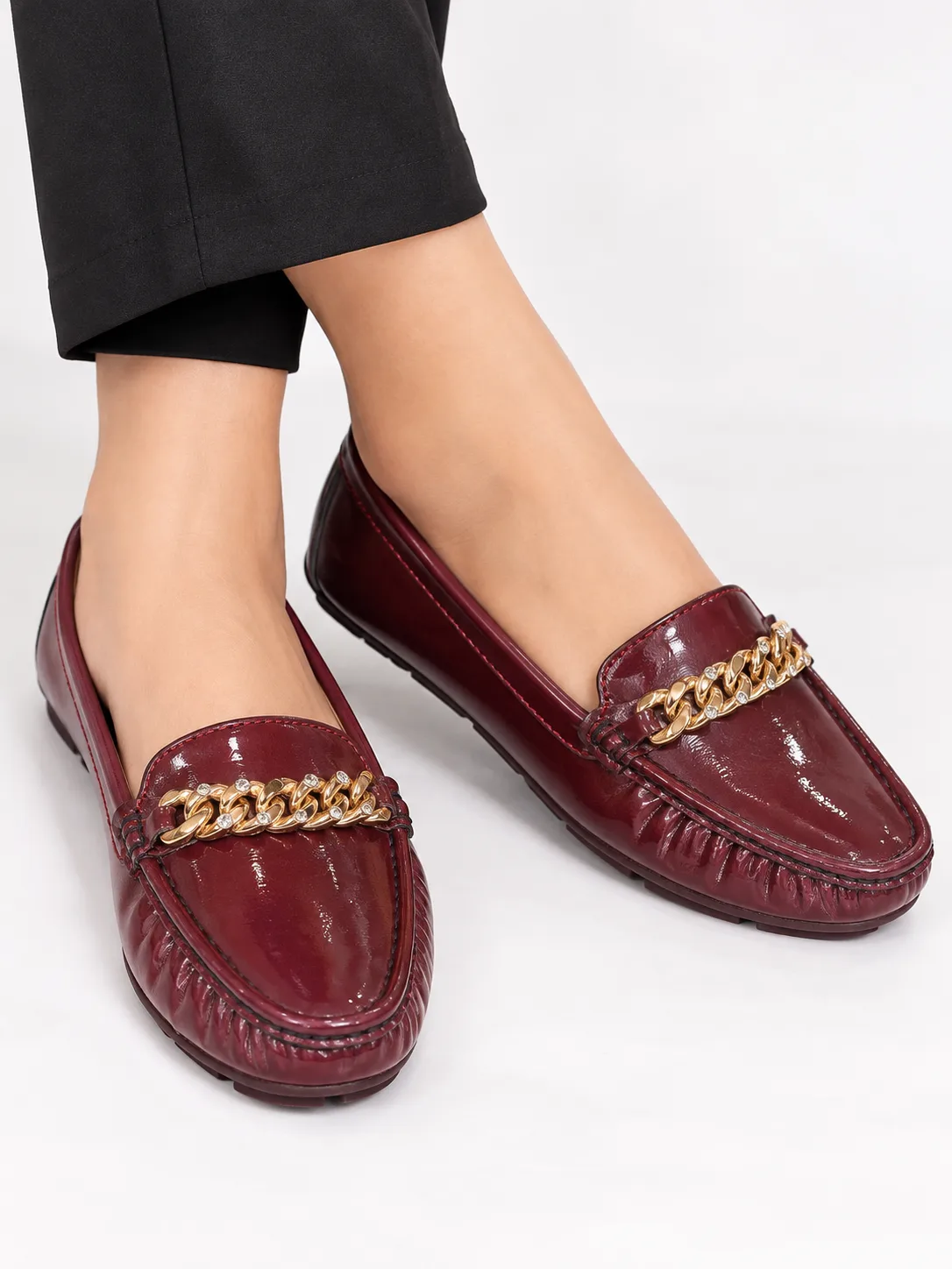 BURGUNDY PATENT CRYSTAL CHAIN LOAFERS