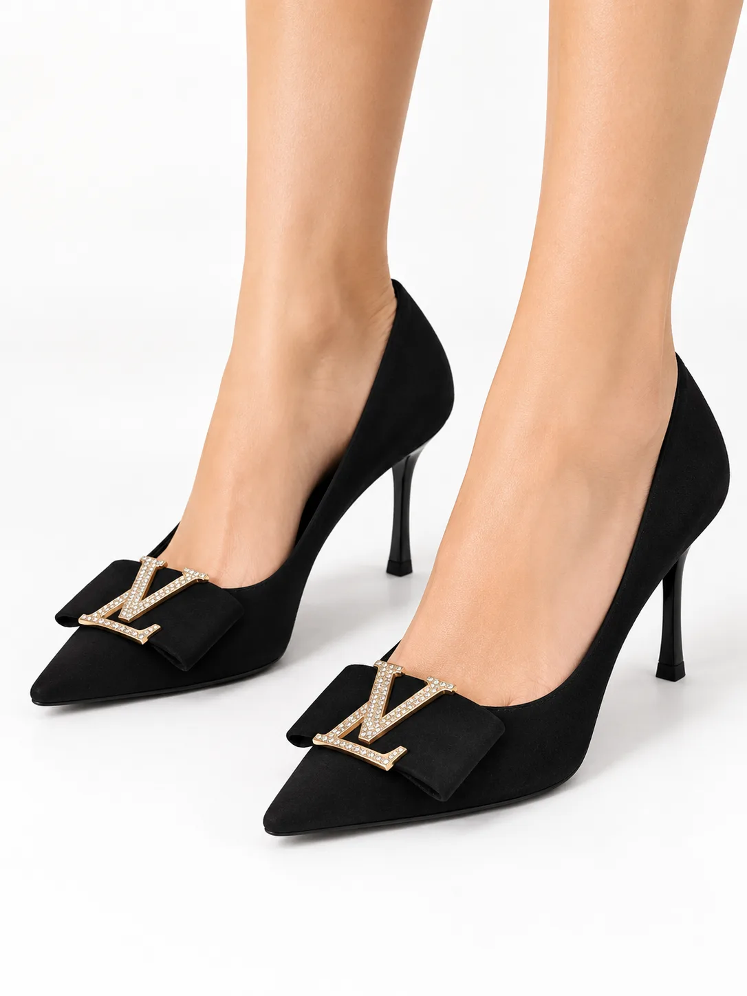 BLACK CRYSTAL MONOGRAM POINTED STILETTO PUMPS 5121