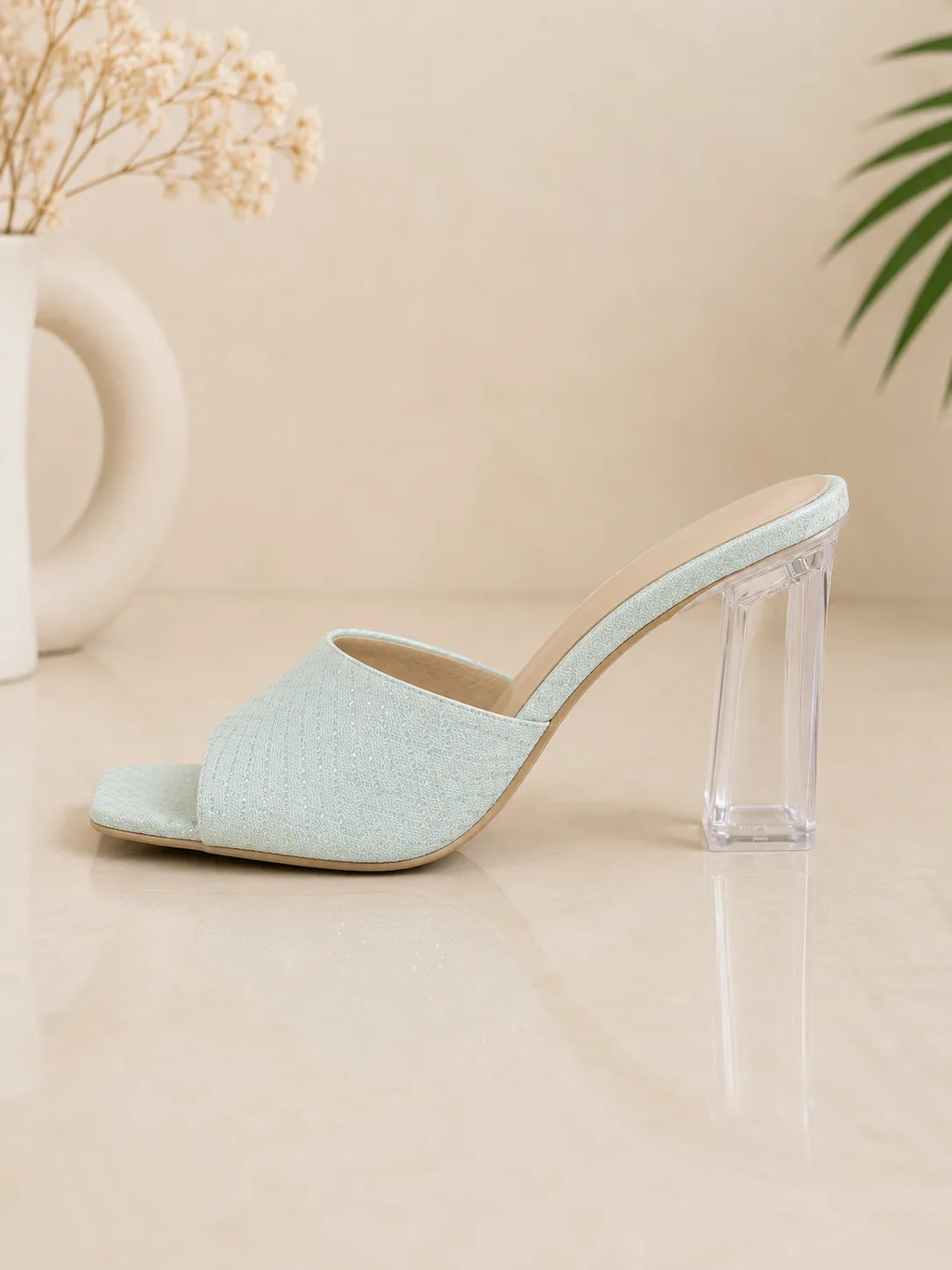 MINT WOVEN TEXTURE CLEAR BLOCK MULES — photo 1