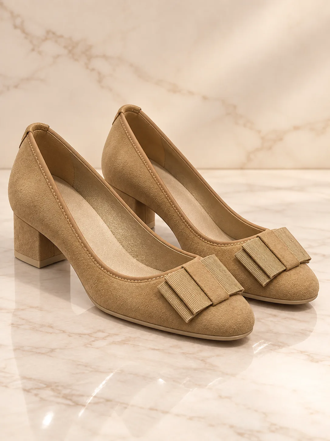 BEIGE BOW BLOCK HEEL PUMP PRODUCT613