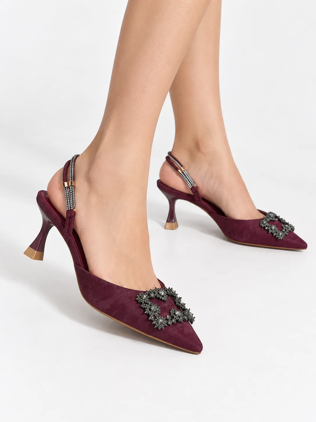 WINE CRYSTAL EMBELLISHED POINTED-TOE SLINGBACK HEELS