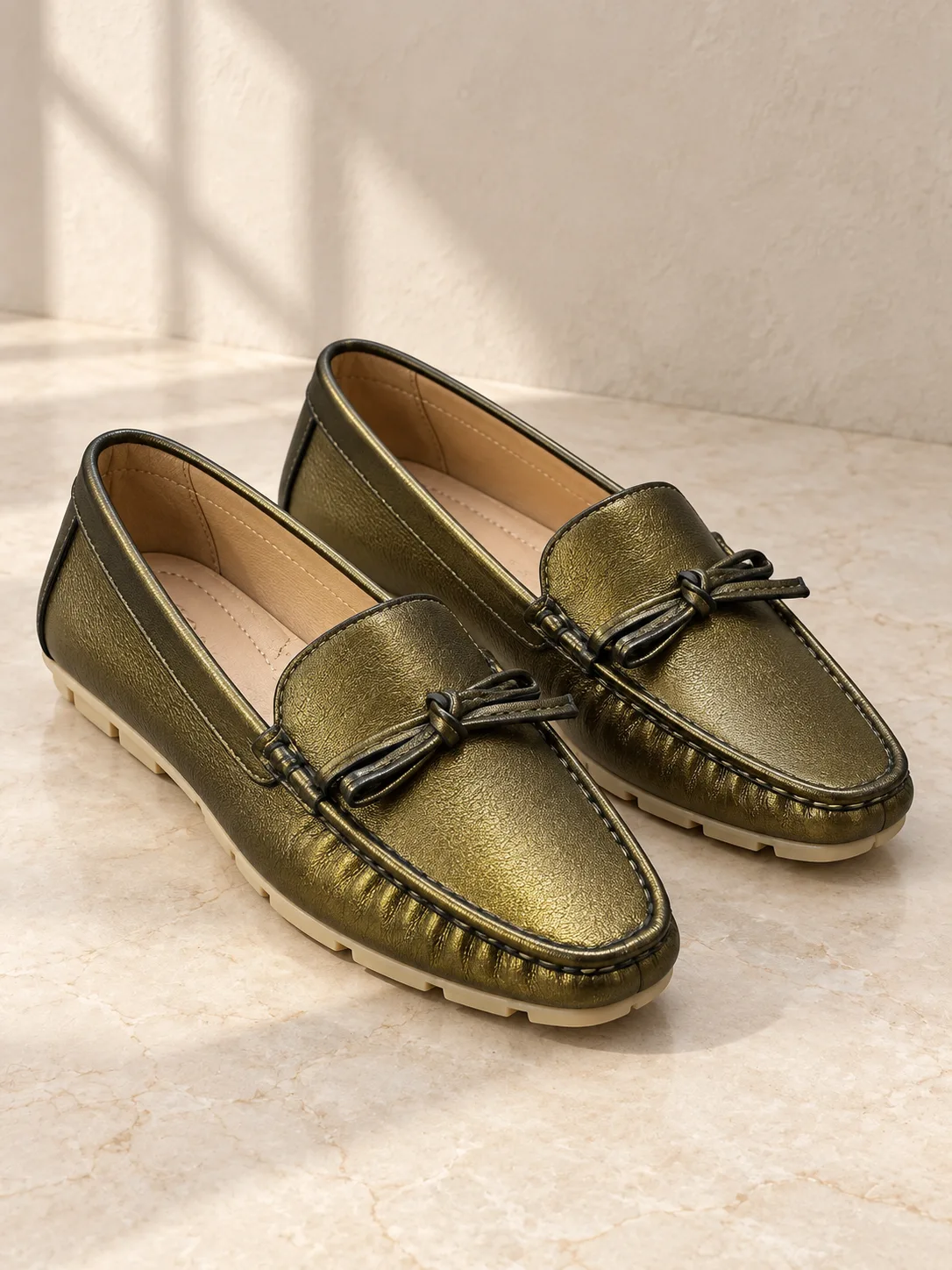 ANTIQUE GOLD METALLIC BOW LOAFERS PRODUCT464