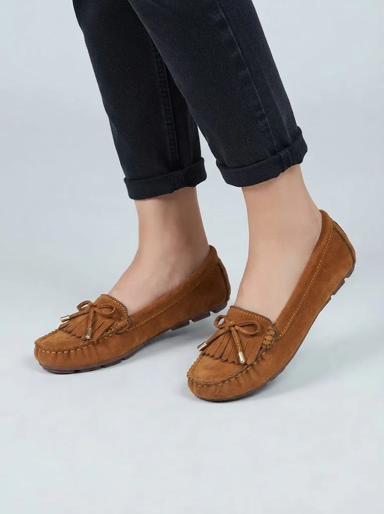 TAN SUEDE TASSEL BOW FLAT LOAFERS