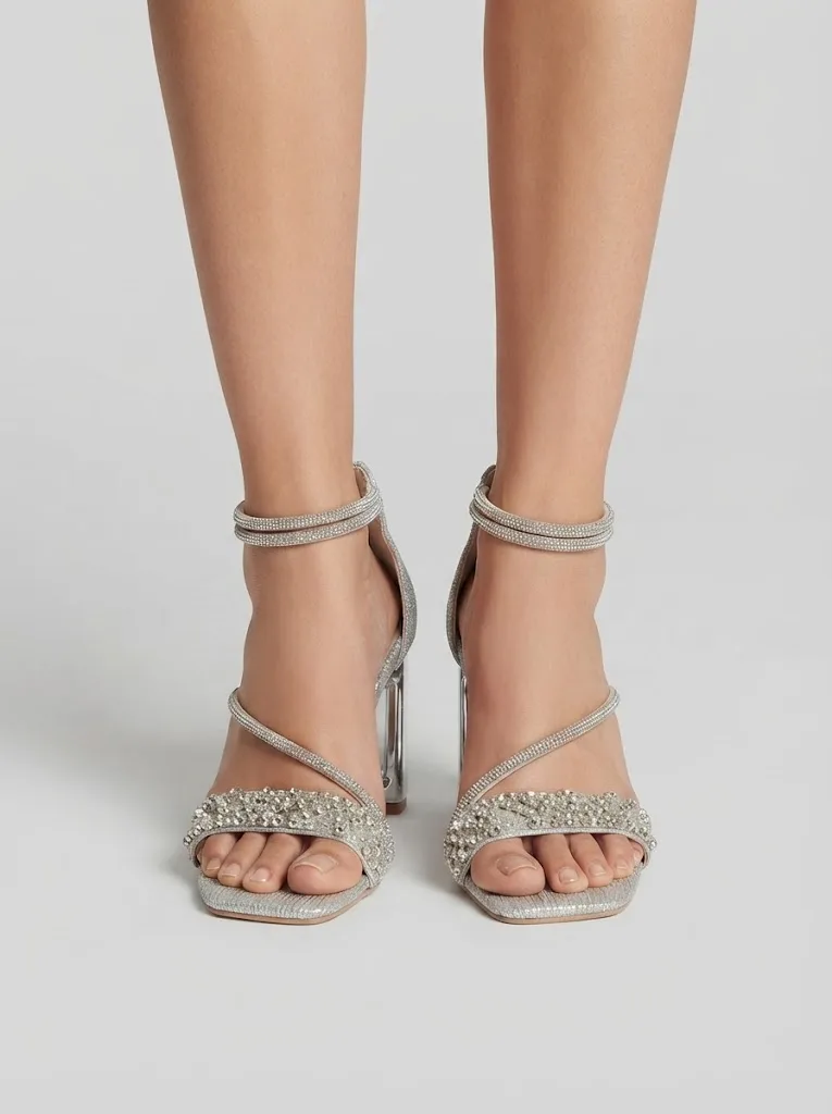 SILVER BEADED CLUSTER STILETTO SANDALS