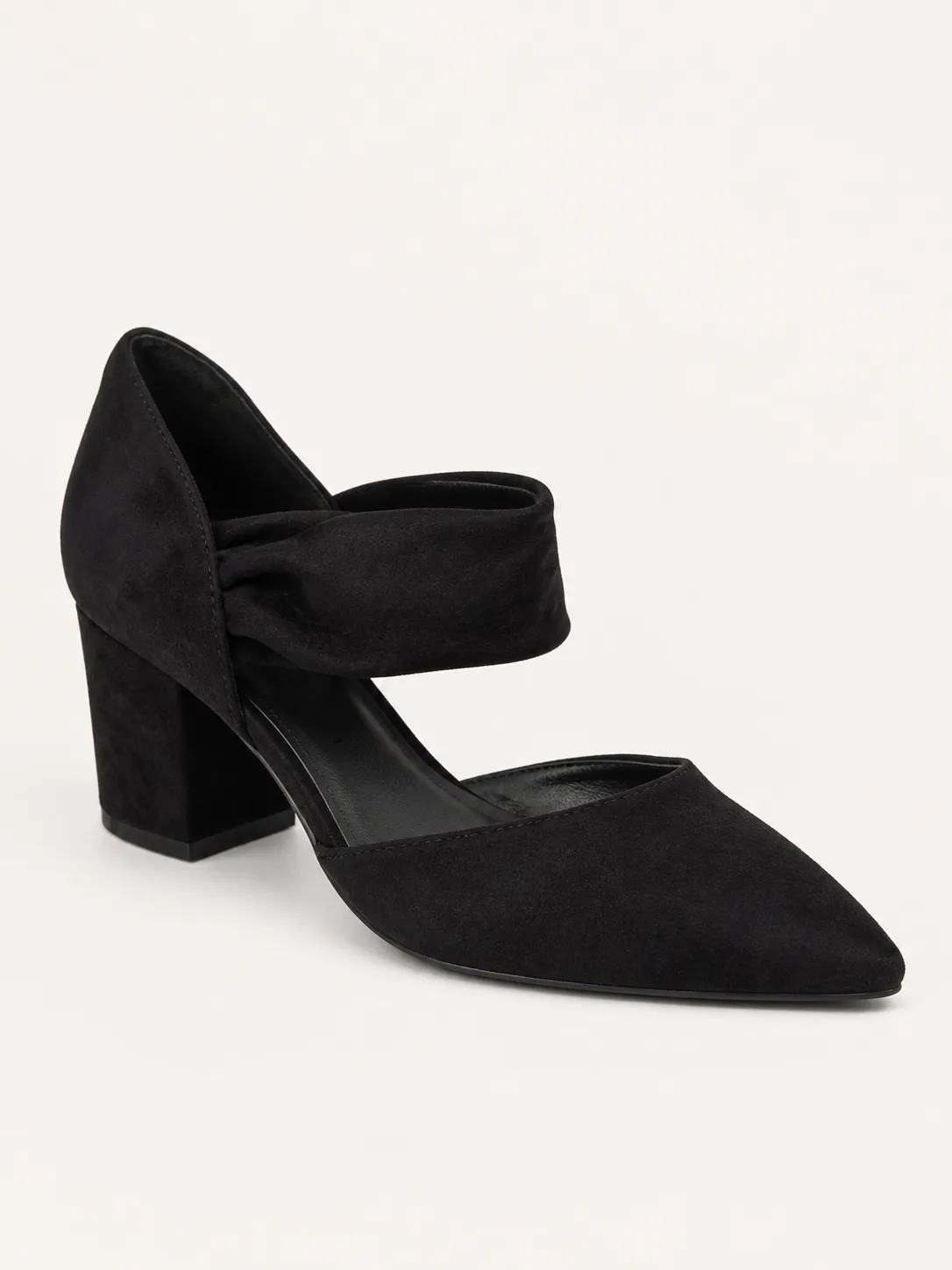 BLACK SUEDE TWIST STRAP BLOCK HEEL PUMPS — photo 1