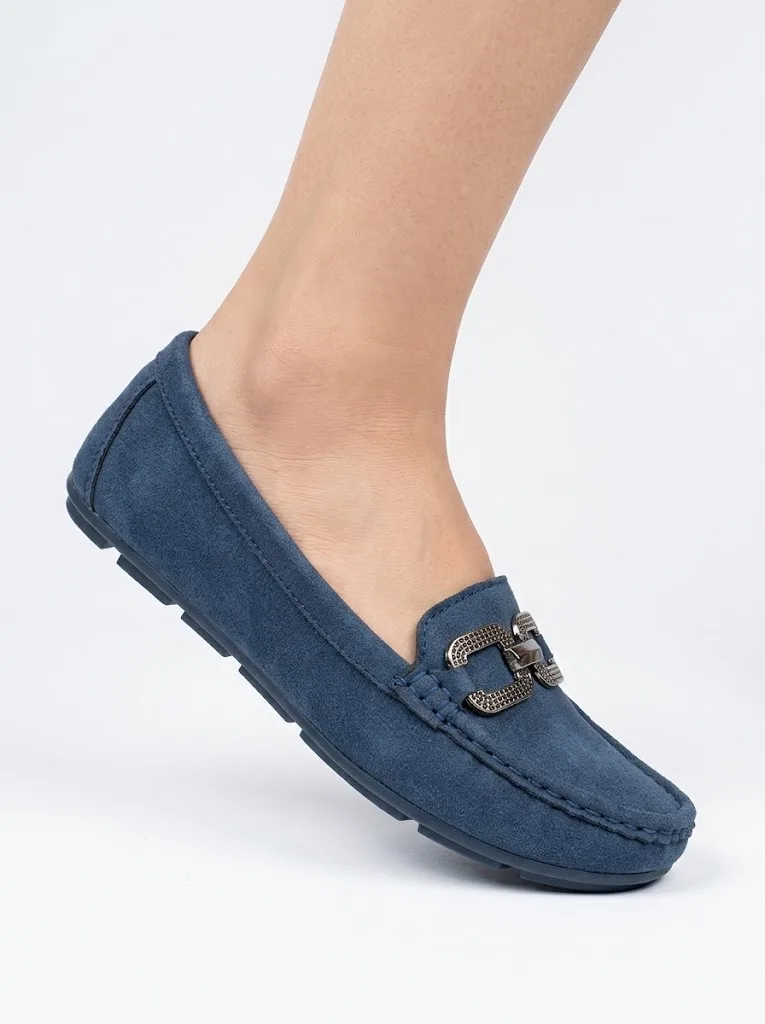 NAVY BLUE METAL BUCKLE SUEDE LOAFERS F15