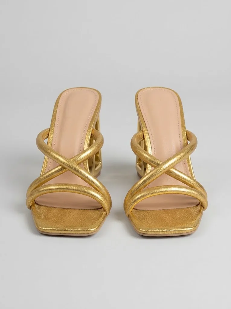 GOLD CROSS STRAP WINDOW HEEL MULES — photo 1