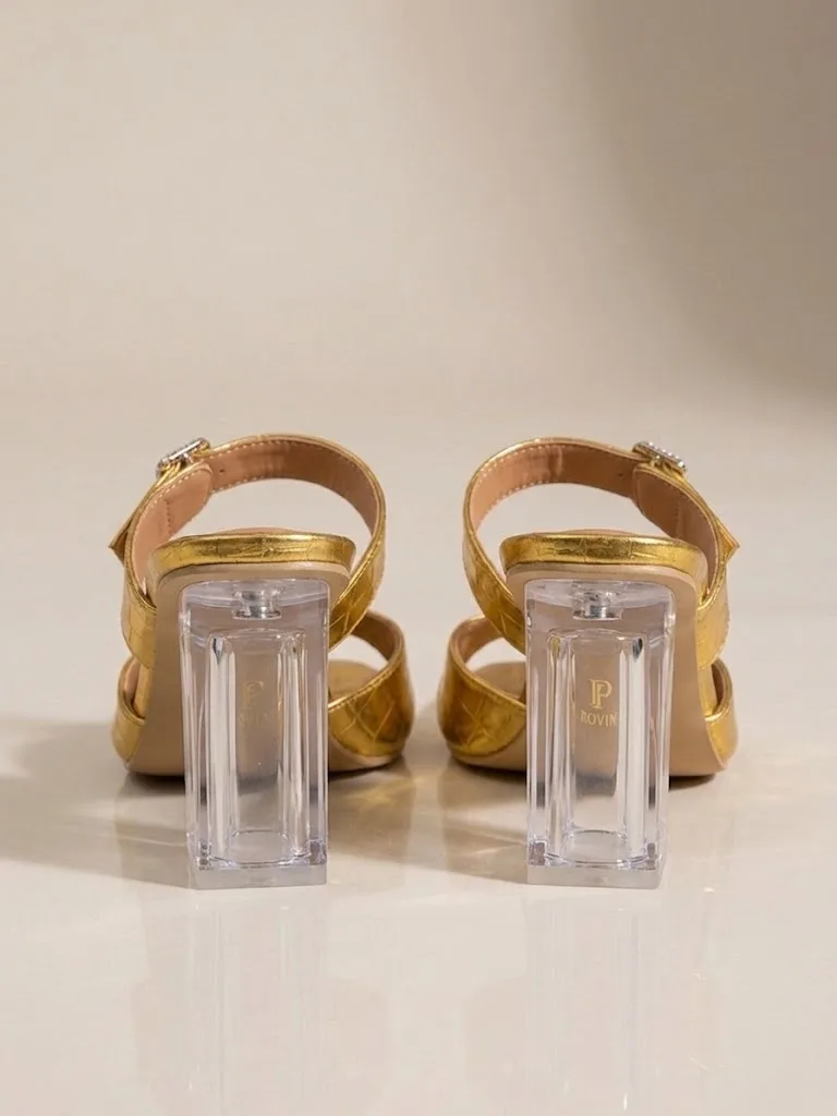 GOLD CROC CRYSTAL BUCKLE CLEAR BLOCK MULES — photo 1