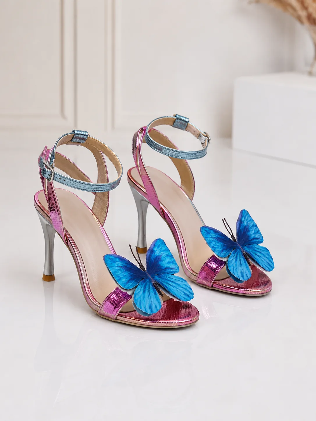 PINK METALLIC BLUE BUTTERFLY STILETTO SANDALS — photo 1