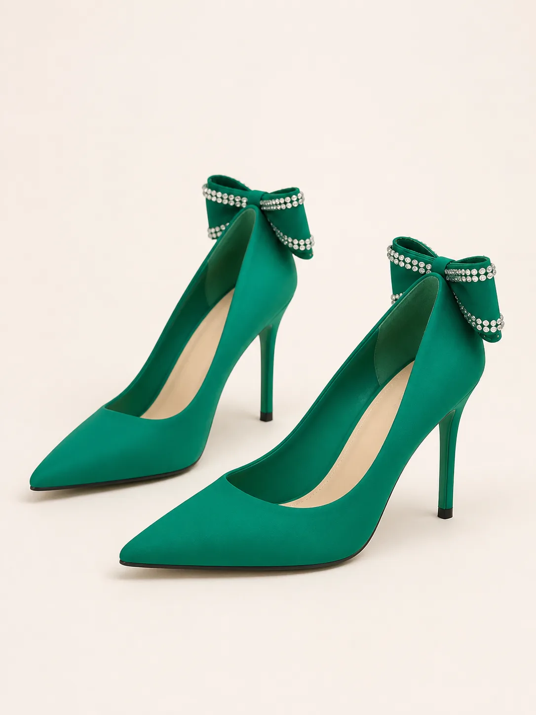 GREEN SATIN PEARL ANKLE BOW STILETTO PUMPS