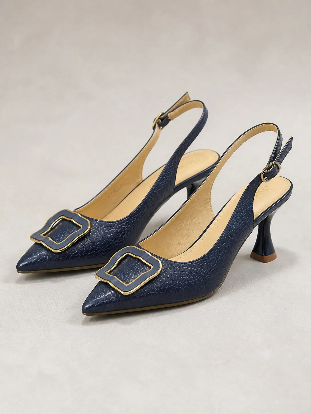 NAVY TEXTURED GOLD BUCKLE SLINGBACK HEELS