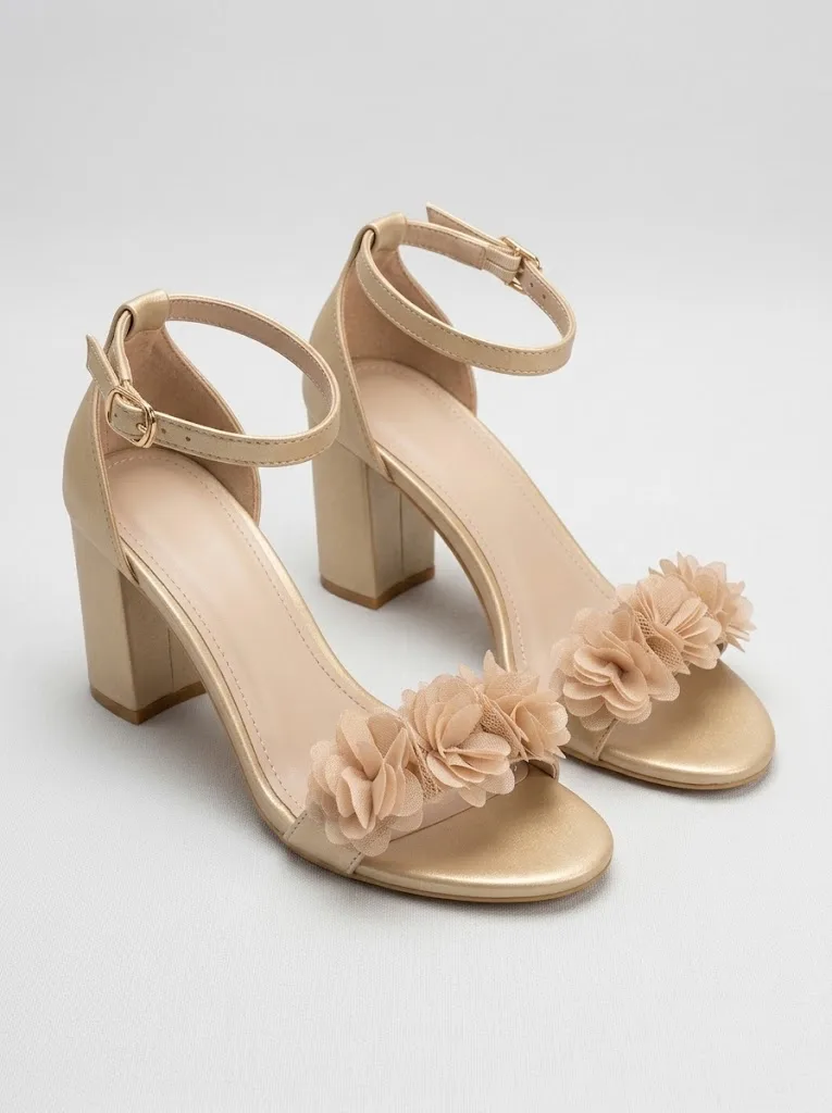 NUDE TULLE FLOWER BLOCK HEEL SANDALS — photo 1