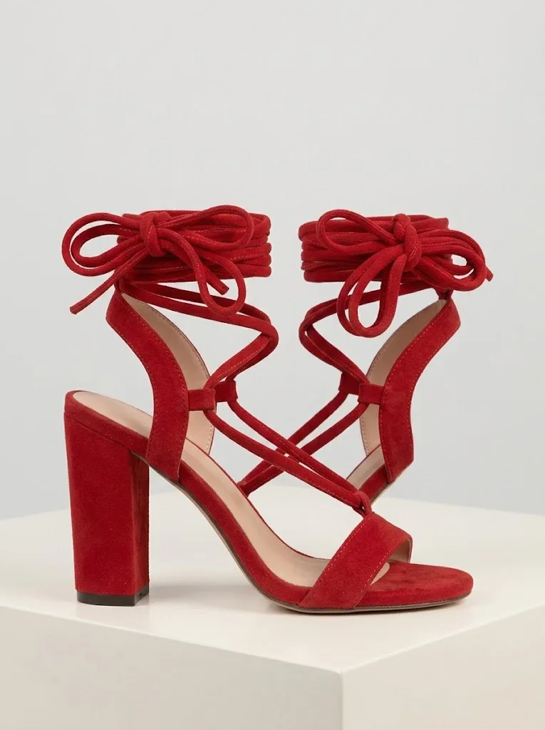 RED SUEDE LACE UP BLOCK HEEL SANDALS — photo 1