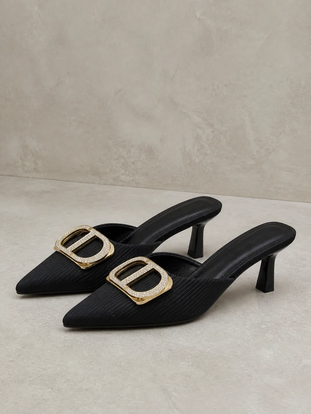 BLACK GOLD BUCKLE POINTED MULE HEELS