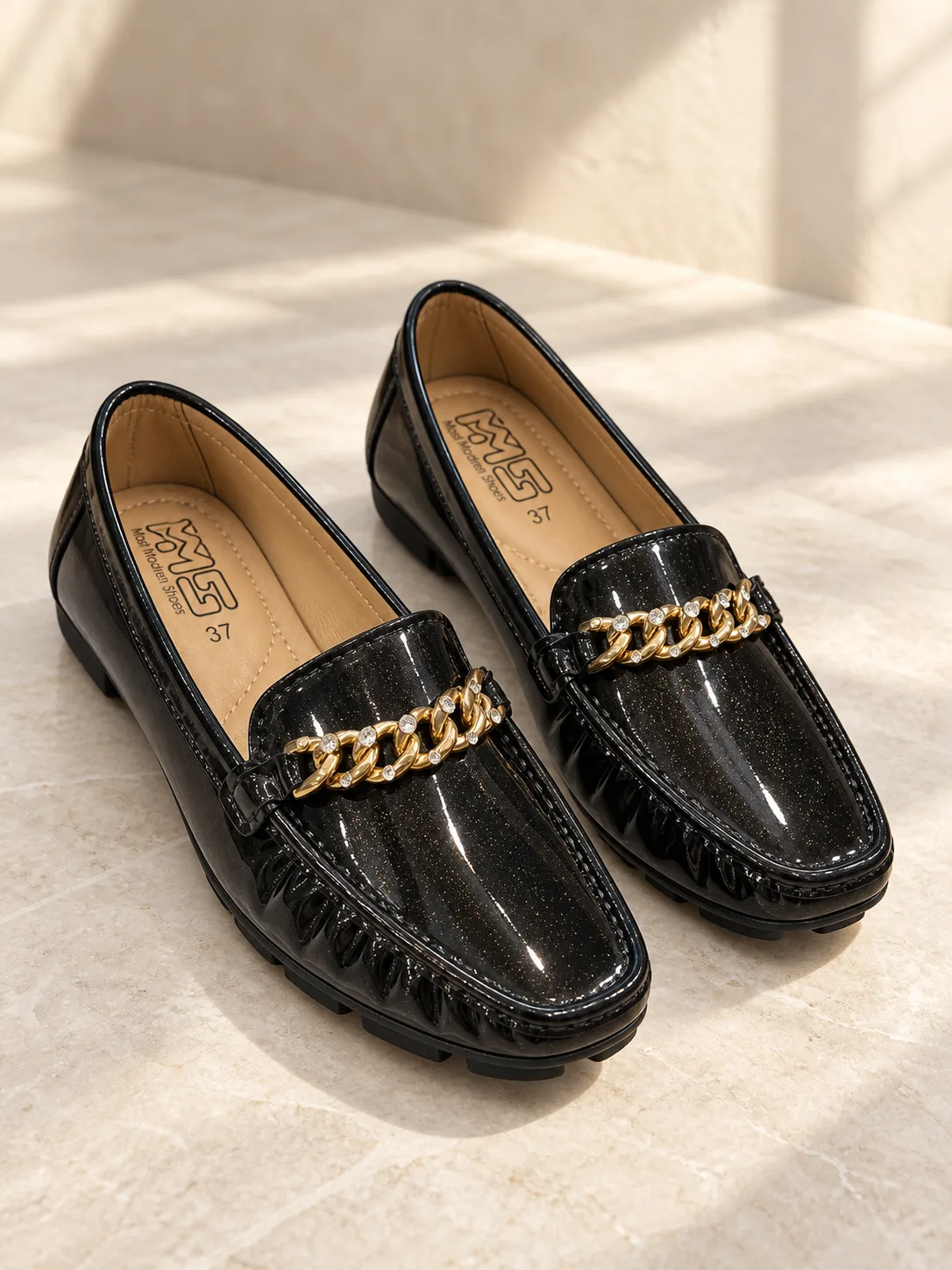 BLACK CRYSTAL CHAIN PATENT LOAFERS