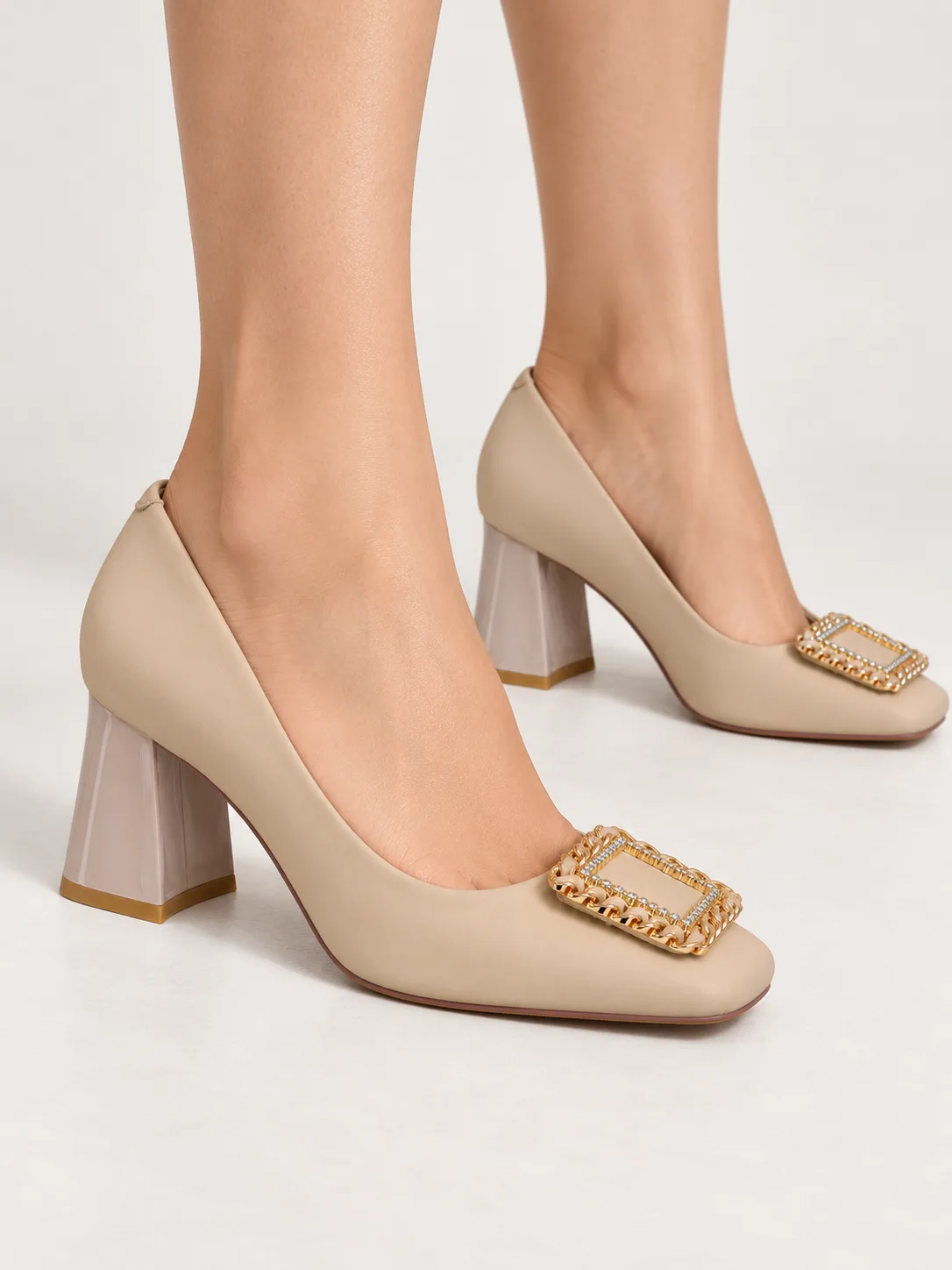 LUXURY CRYSTAL BUCKLE BLOCK HEEL PUMPS 171717,D5C2AB — SKIN BEIGE, photo 1