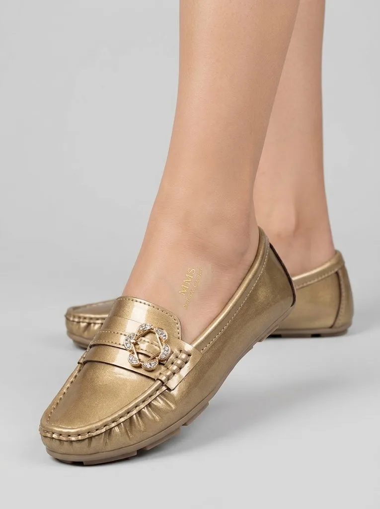 GOLD CRYSTAL BUCKLE FLAT LOAFERS