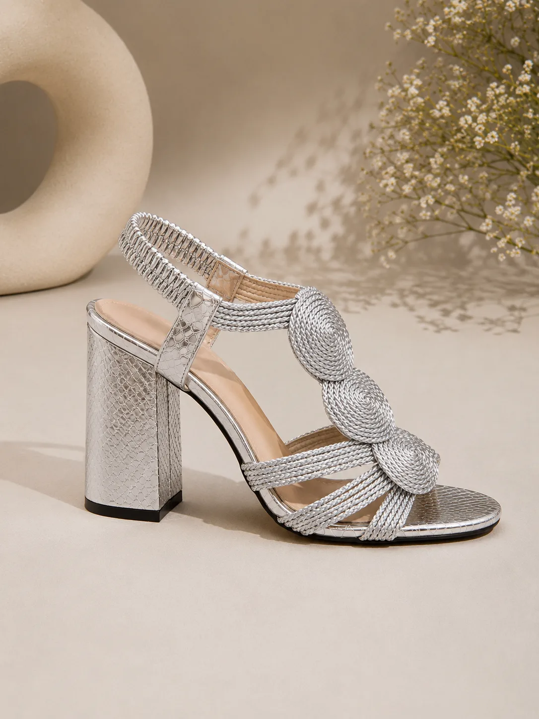 SILVER CORD DISC T-STRAP BLOCK HEEL SANDALS — photo 1