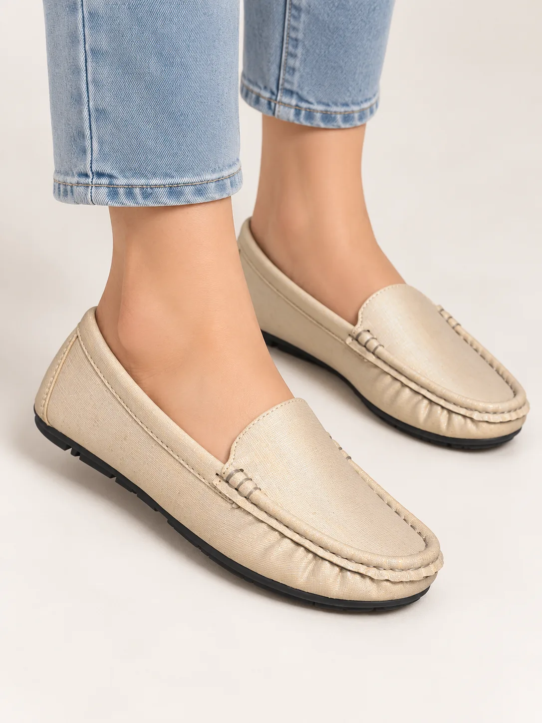 BEIGE SHIMMER MOCCASIN LOAFERS