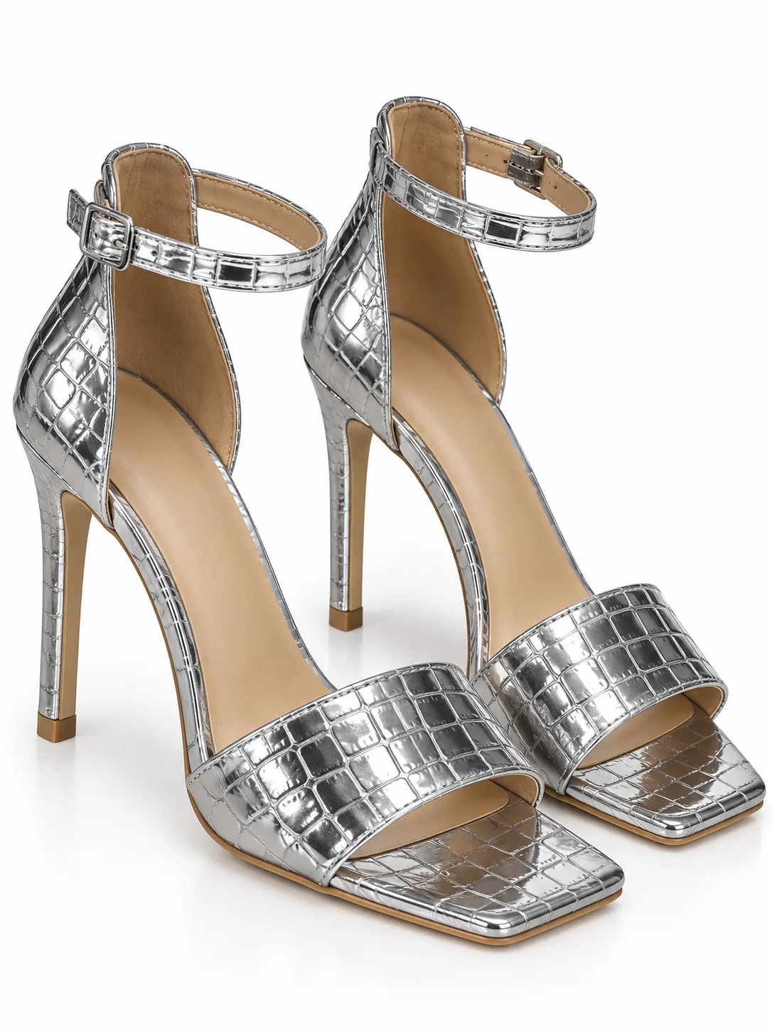 SILVER CROC PRINT STILETTO SANDALS — photo 1