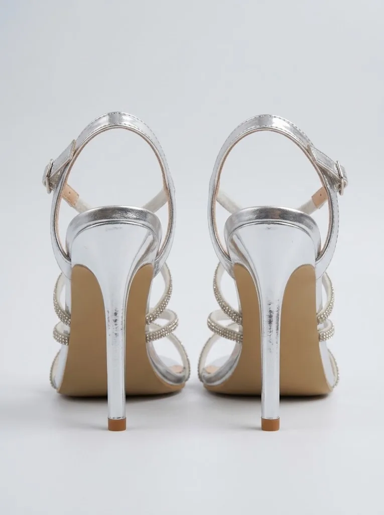SILVER RHINESTONE CROSS STRAP STILETTO SANDALS — photo 1