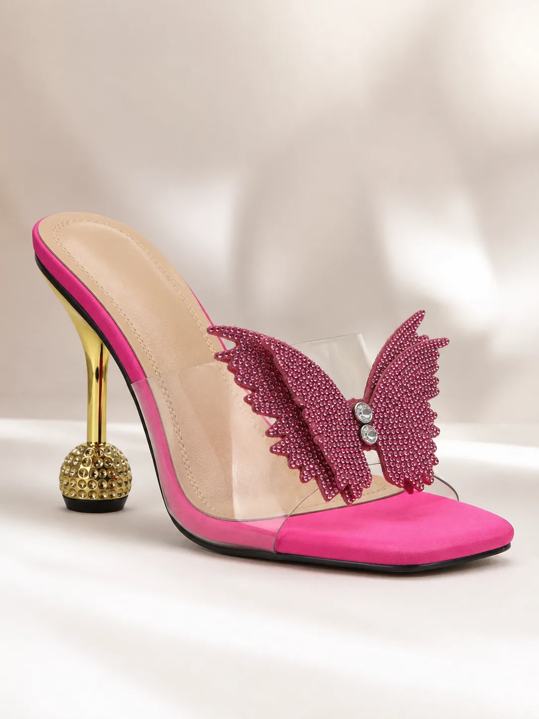 FUCHSIA BEADED BUTTERFLY GOLD BALL HEEL MULES — photo 1