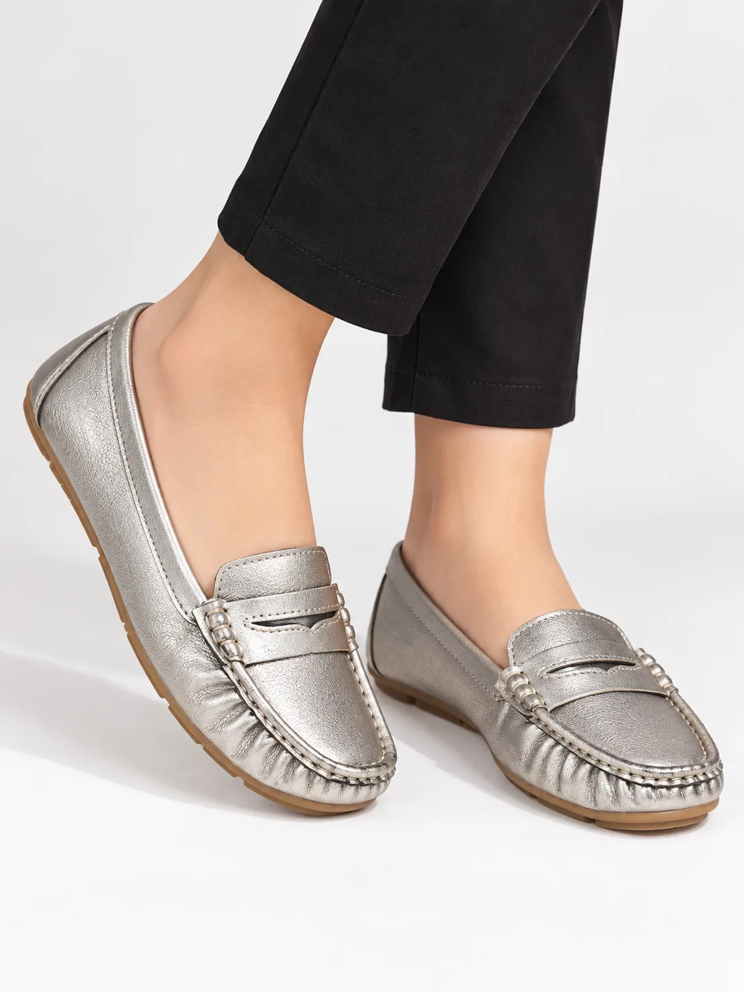 SILVER METALLIC PENNY FLAT LOAFERS