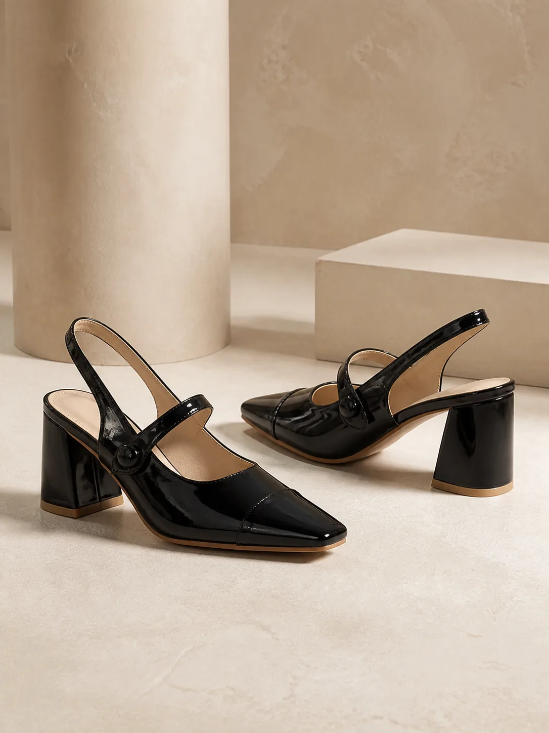 BLACK PATENT SQUARE TOE MARY JANE SLINGBACKS