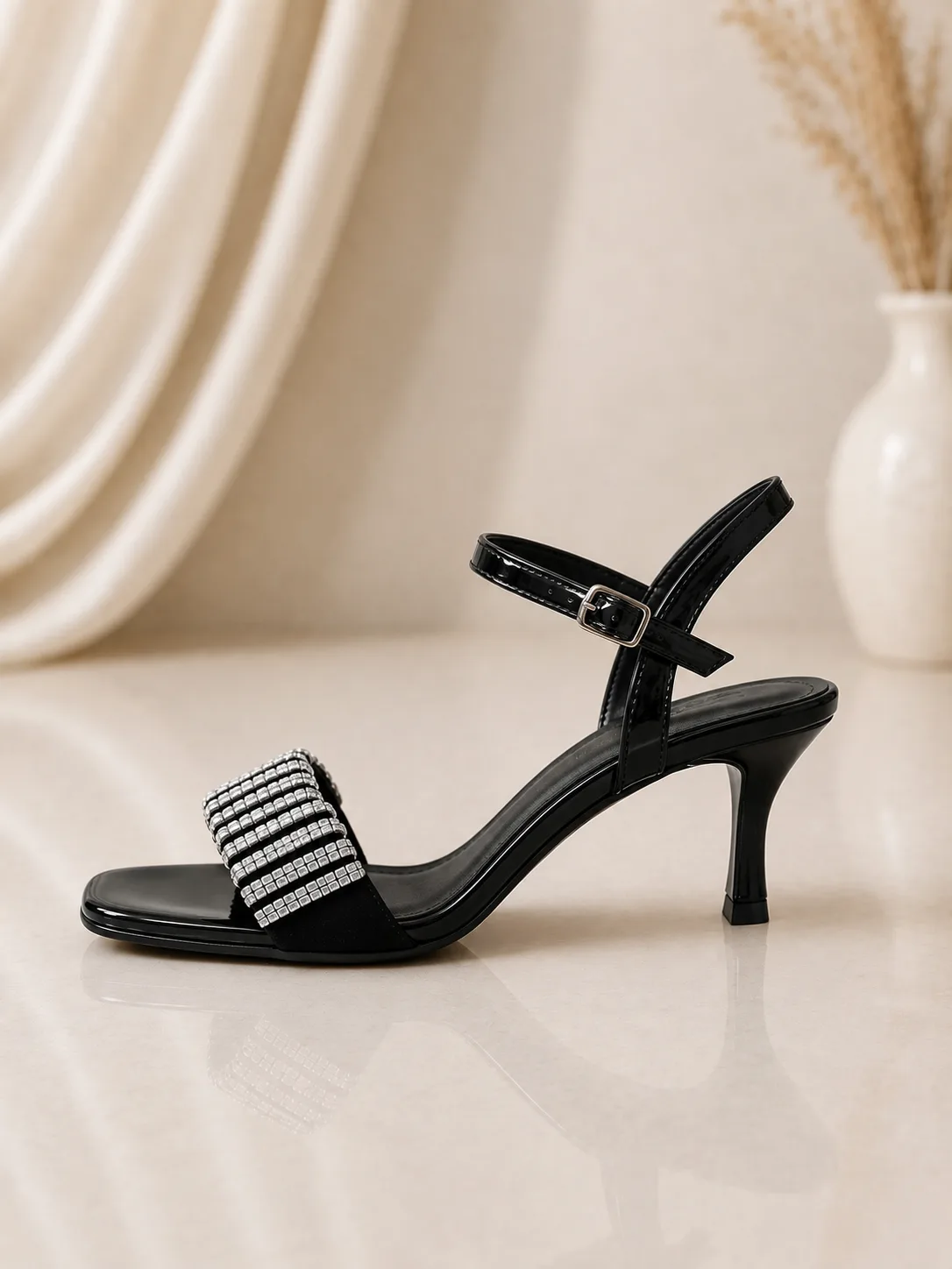 BLACK PATENT CRYSTAL STRIPE ANKLE STRAP SANDALS — photo 1