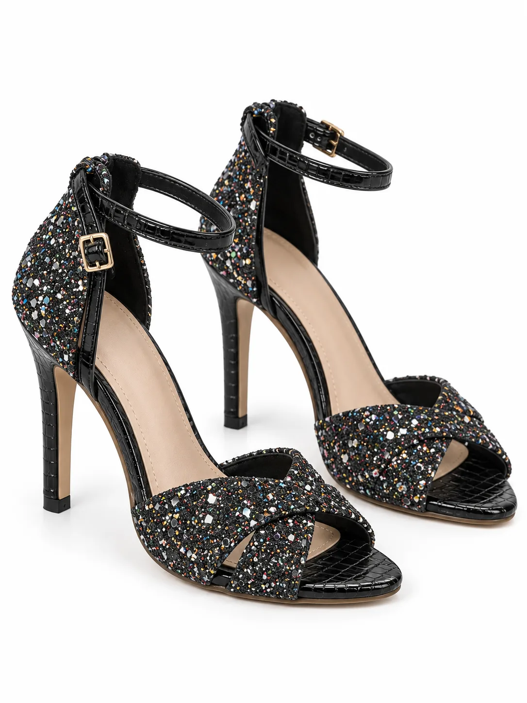 BLACK GLITTER CROSSOVER STILETTO SANDALS — photo 1