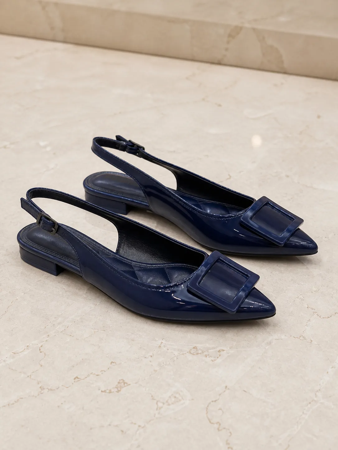 NAVY PATENT BUCKLE POINTED SLINGBACK FLATS