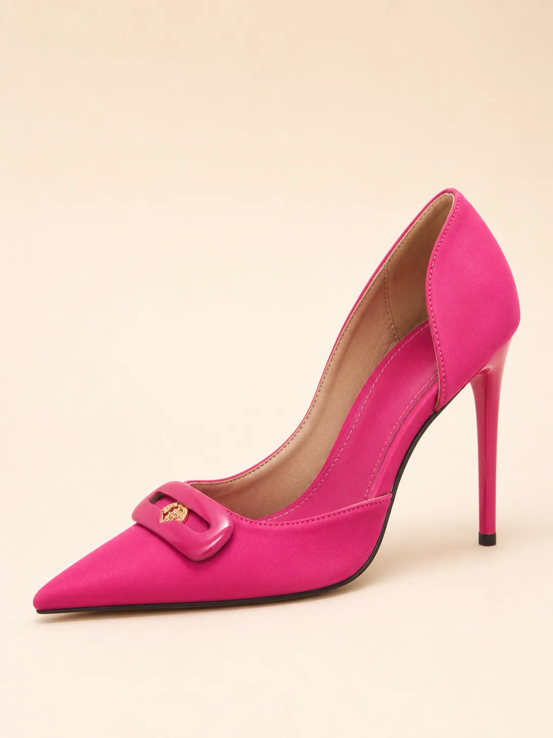 FUCHSIA SATIN BUCKLE STILETTO PUMPS — photo 1