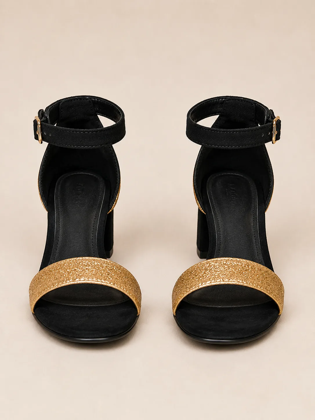 BLACK GOLD GLITTER BLOCK HEEL SANDALS — photo 1
