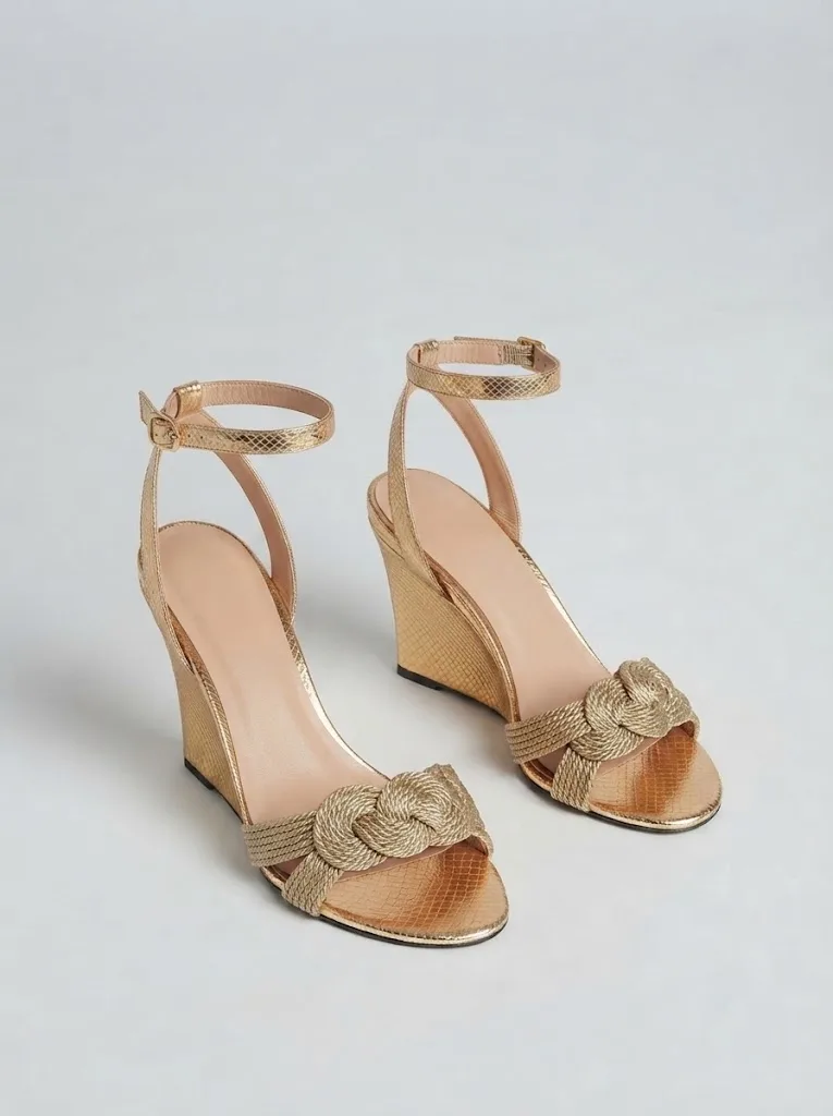 GOLD WOVEN KNOT WEDGE SANDALS — photo 1