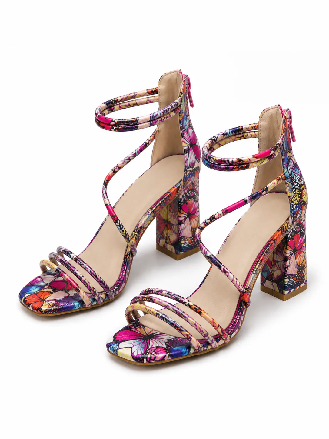 MULTICOLOUR BUTTERFLY PRINT STRAPPY BLOCK HEEL SANDALS — photo 1