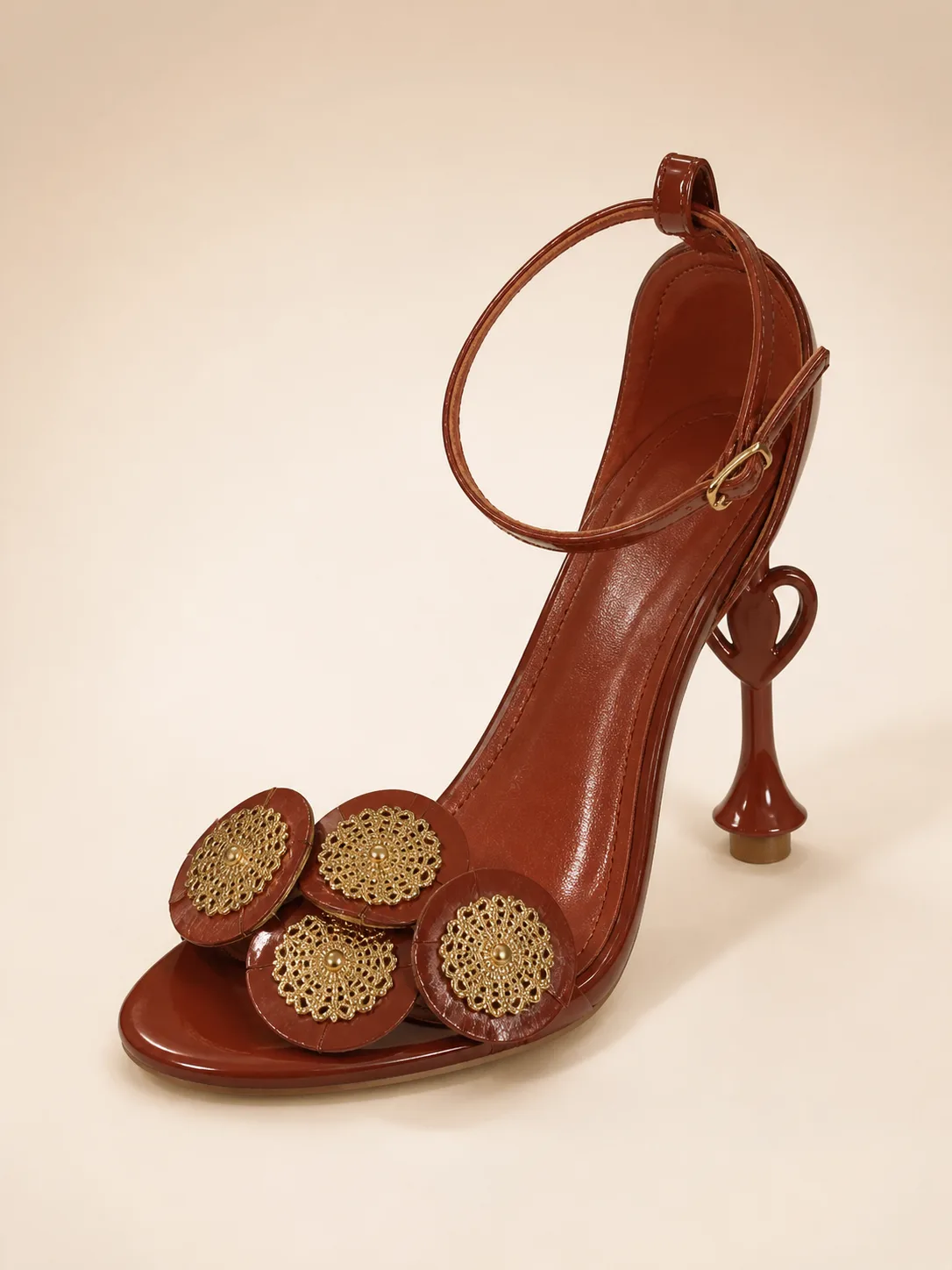 TAN GOLD MEDALLION SPOOL HEEL SANDALS